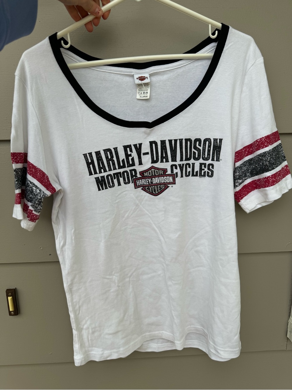 Harley-Davidson White Tee with Black Neckline and Red Accent Stripes